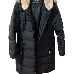 Ralph Lauren Black Y2K Warm Puffer Coat with Faux Fur Hood Size Medium